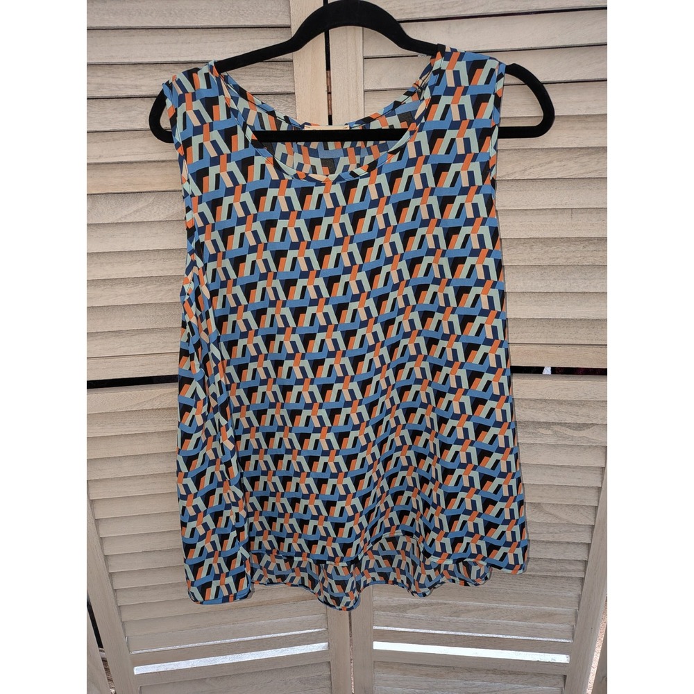 Cotton Bleu Women Blue Orange Geometric Abstract‎ Sleeveless Blouse Large